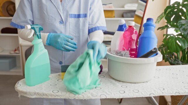 Woman cleaner in uniform spraying a bottle and wiping a cloth on an ironing board in a building; diligent care.