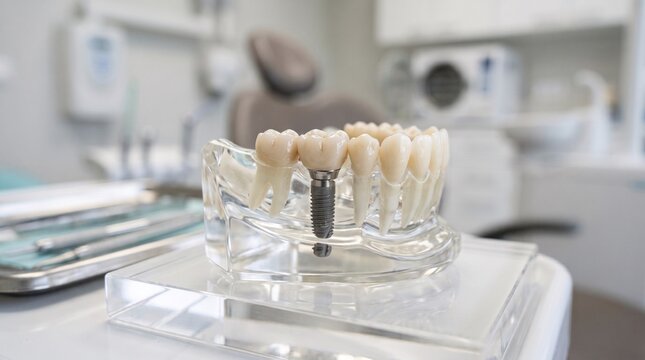 Dental implant model on transparent base showing jawbone structure in a modern dentist clinic office environment