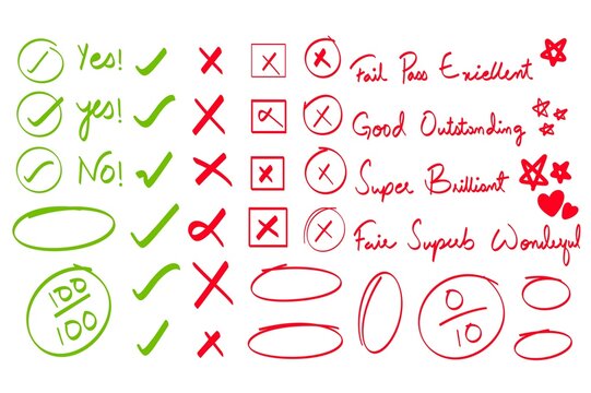 Hand drawn red pen marks showing exam grade with check marks, circles, and plus signs for teacher evaluation and test result school education. Doodle icons correction in hand drawn vector illustration