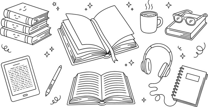 Reading lifestyle vector set featuring open books stacked novels coffee mug headphones digital ereader eyeglasses and spiral notebook