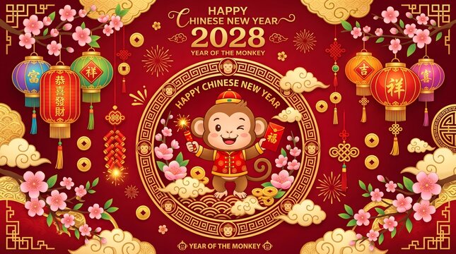 Happy chinese new year 2028 greeting card with cute monkey and red lanterns