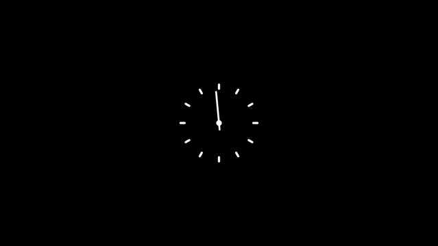A simple white analog clock face with minimalist hour and minute hands pointing to approximately 11:55, set against a completely black background
