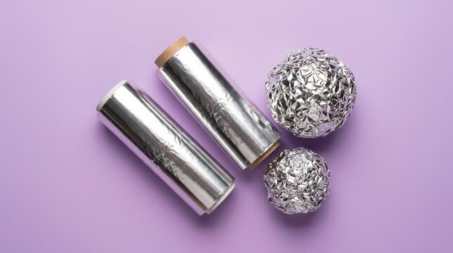 Two rolls of aluminum foil and two crumpled balls of foil on a purple background