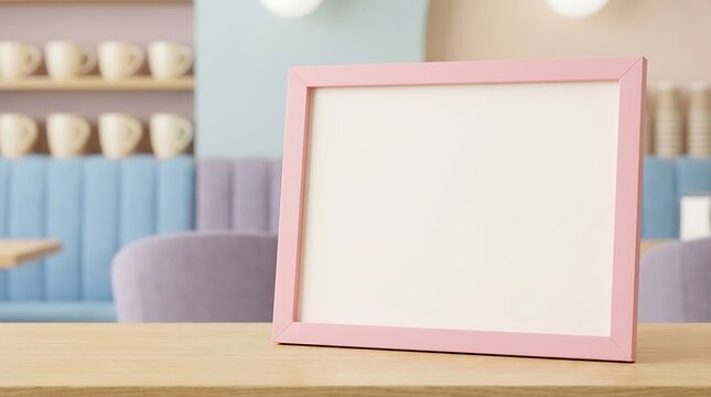 Empty pink frame on wooden table in cafe.