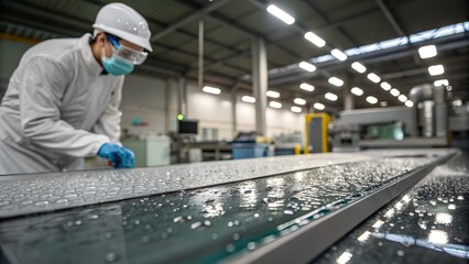 Fototapeta premium Worker wearing protective equipment while cleaning a large glass surface in an industrial facility, representing specialized glass maintenance and workplace safety.