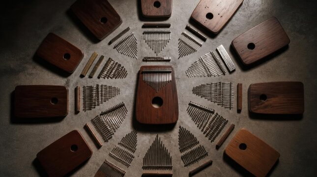 A circular display of wooden kalimba instruments and decorative patterns, artfully arranged with studio lighting.