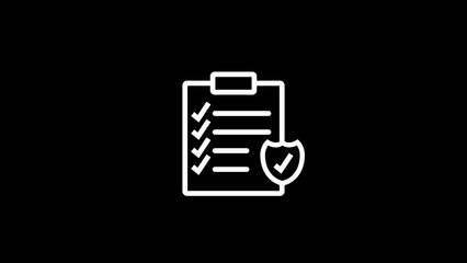 A white line depicting a clipboard with a checklist and a shield symbol with a checkmark, set against a stark black background, representing security or compliance, signs/symbols, miscellaneous © HUJAYFA