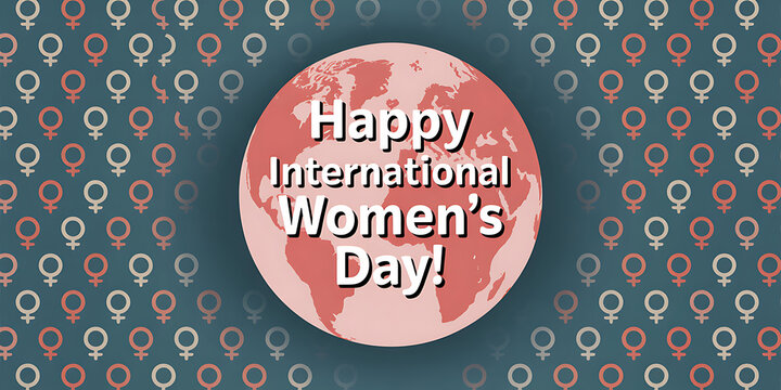Happy international women day greeting card with world globe and female gender symbols pattern