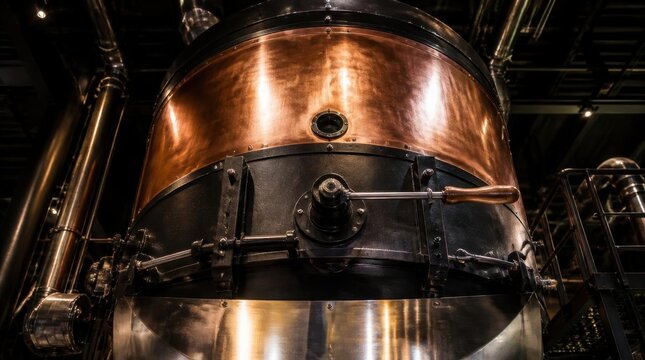 Close-up on vintage industrial copper and steel brewing or distillation equipment with rivets and a lever. Reflections on metal surfaces.