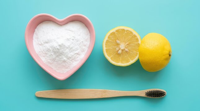 Baking soda in a heartshaped bowl with a lemon and a bamboo toothbrush on a blue background