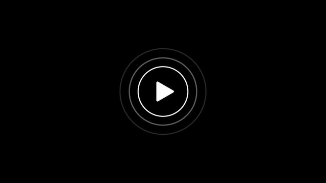 A white play button represented by a triangle pointing right, is enclosed within concentric white circles that appear to radiate outwards, all centered on a black background, signifying media
