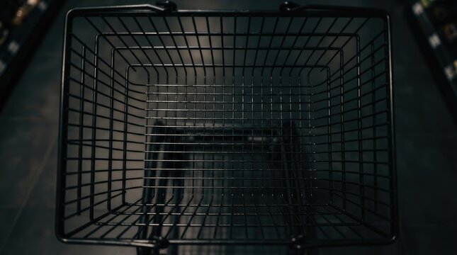 Top view of an empty black metal shopping basket on a dark floor black friday