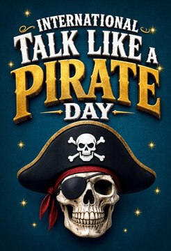 Colorful international talk like a pirate day celebration poster with skull and pirate hat design