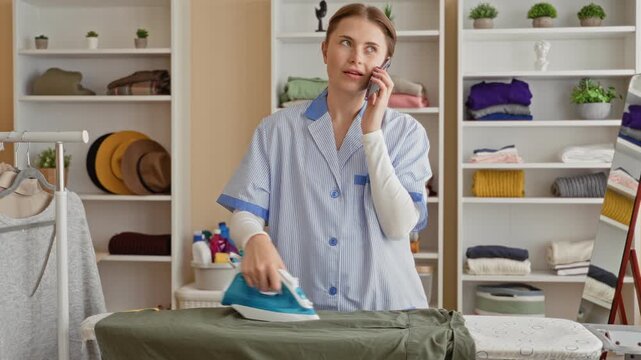 Woman cleaner ironing a shirt with an iron while holding smartphone to ear inside a building laundry area; cheerful domestic routine.