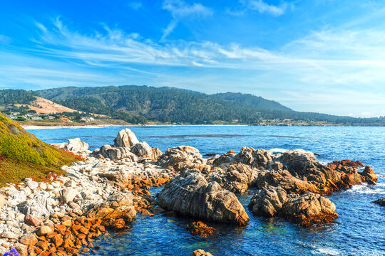 view of Carmel by the sea, California with mountains 