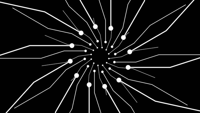 Abstract radial pattern of white lines and circles emanating from a central point against a stark black background creating a futuristic circuit board or network visualization effect with a sense