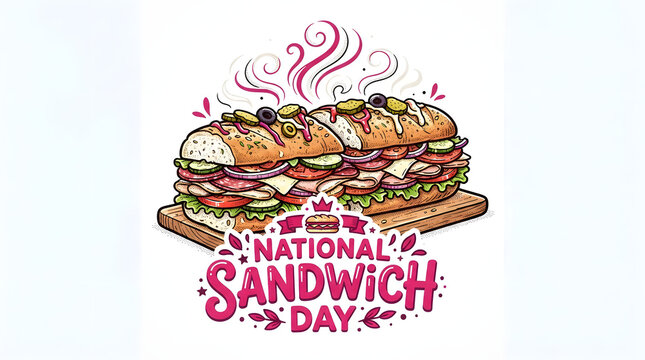 National sandwich day celebration with delicious sub sandwich and festive text.