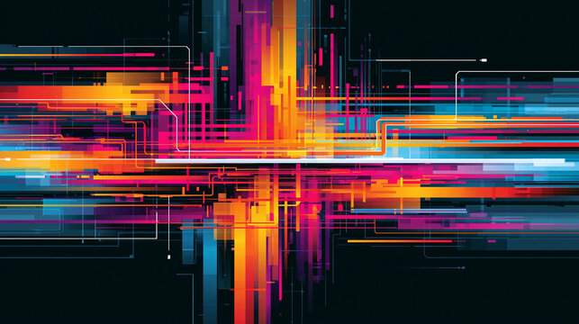 High speed digital data transmission visualization with vibrant neon geometric lines for communication networks.