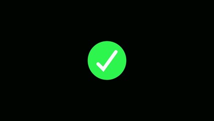 Bright green circle with a white checkmark symbol on a black background representing confirmation, success, and completion © HUJAYFA