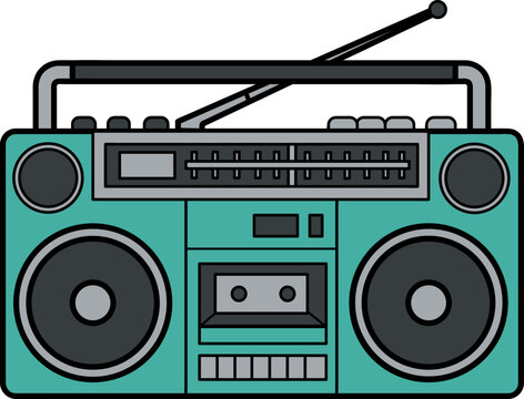 A vintage teal boombox with a cassette tape inside and a telescopic antenna. The boombox features two large speaker grills and an analog tuner