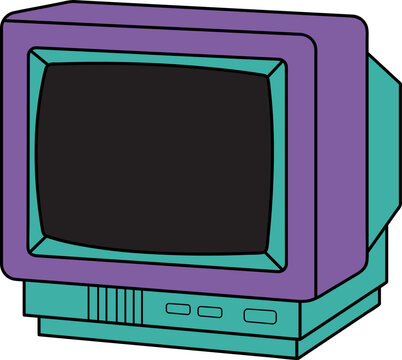 A vintage computer monitor with a purple and teal design. The monitor has a black screen and a retro aesthetic