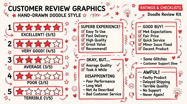 Hand Drawn Star Rating and Checklist Doodle Icon Set