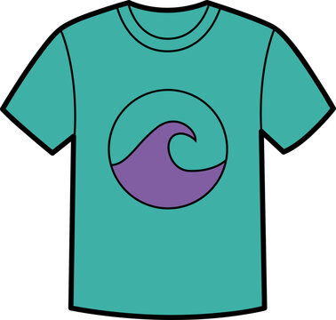 A teal t-shirt with a purple wave inside a circle graphic design. The t-shirt has short sleeves and a crew neck.