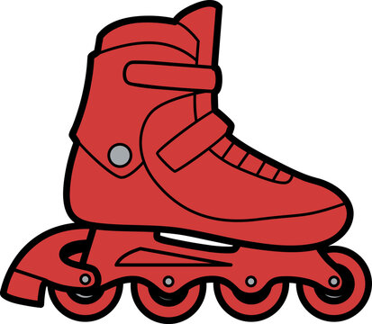A red inline skate shoe with four wheels