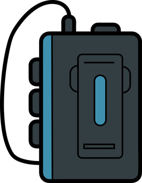 A vintage portable music player with a black casing, blue accents, and a black headphone cable