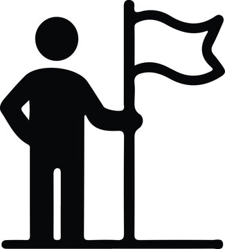 Successful man holding flag on ground level representing goal achievement and leadership milestone.