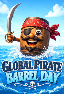 Cute cartoon pirate barrel character holding a sword smiling happily in ocean waves celebration concept