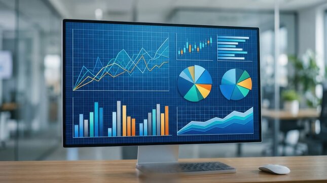 Desktop computer screen showing financial data analysis with various charts and graphs in an office setting.