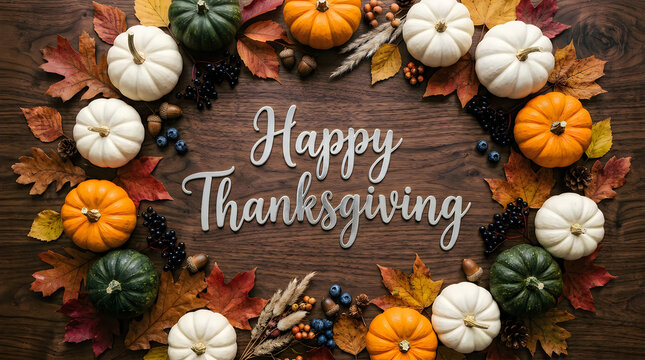 Happy thanksgiving greeting with a festive wreath of colorful pumpkins and autumn leaves on rustic wooden background