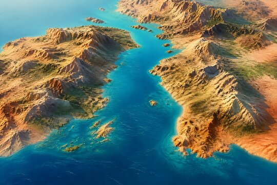 Aerial top down view of a coastal landscape perfectly illuminated