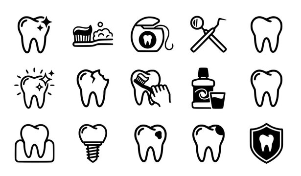 Dental care and oral hygiene outline icons set featuring clean teeth and dental tools dental icon tooth icon dental tool line art black vector root canal vector graphic design element