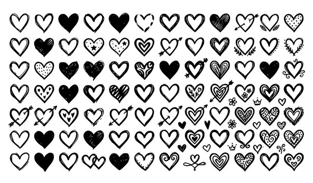 Collection of hand drawn sketchy heart shapes doodles vector illustration set with heart doodle romance shape black heart outline heart white background love symbol affection feelings