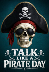 Obraz premium Funny pirate themed graphic with skull wearing a hat and eyepatch for talk like a pirate day celebration