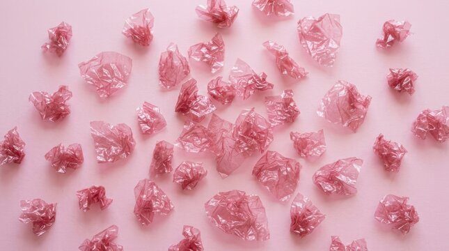 Top view of many crumpled pieces of pink translucent paper scattered randomly on a solid pink background