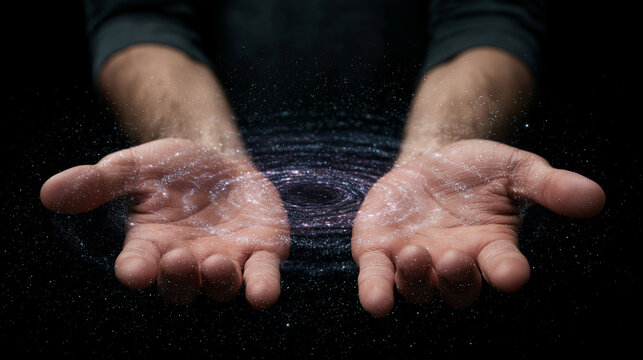 Human hands releasing sparkling stardust particles into dark void illustrating magic and creative energy concepts.