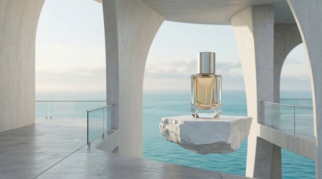 Glass perfume bottle rests on floating white stone within modern concrete arch architecture overlooking blue ocean.