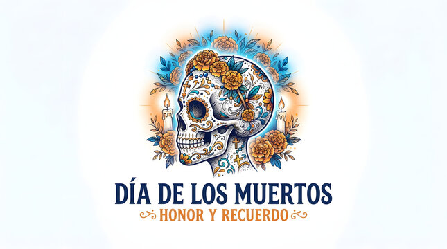 Day of the Dead skull decorated with flowers and candles for honor and remembrance.