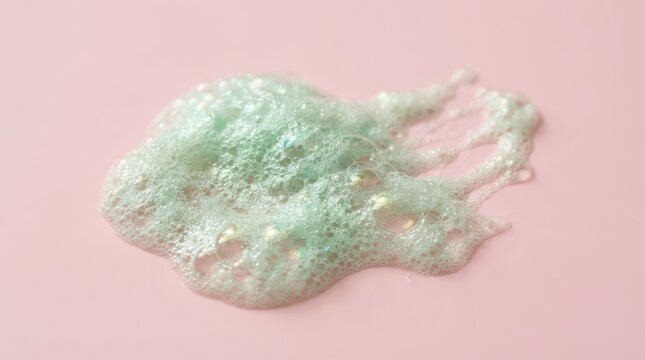 A splash of green cleaning foam with bubbles on a soft pastel pink background