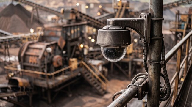 Industrial Dome CCTV Camera Near Mining Crusher Plant with Extreme F1 Blurred Processing Background


