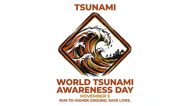 World tsunami awareness day graphic with big wave warning and people running to higher ground.