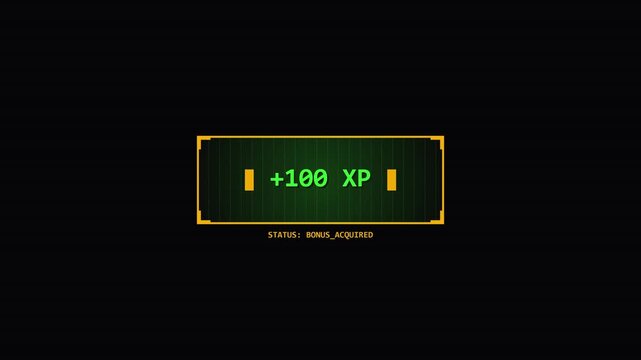 Retro Pixel Art Game HUD with 100 XP Experience Points and Bonus Acquired Message on Black Background for Gaming UI Design