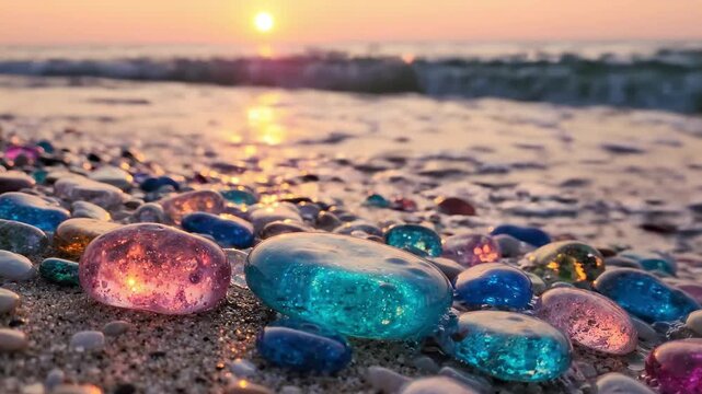 Gems on the Shoreline: Smooth, colorful pebbles, illuminated by the soft glow of the setting sun, rest on a sandy beach, kissed by the gentle waves of the ocean.