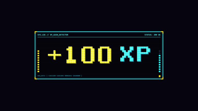 Retro Pixel Art Gaming HUD Interface with XP Gain Detector and Plus 100 Experience Points Notification for Video Game Content and Streamers