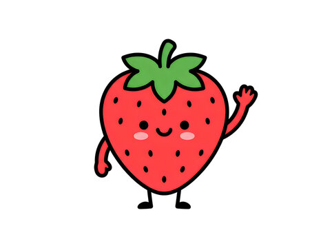 Cute cartoon strawberry character with a happy face waving hello isolated on a white background