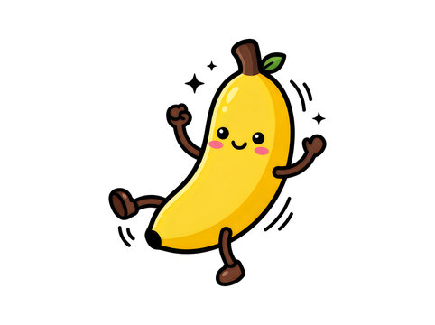 A cute cartoon banana character with a happy face dancing and feeling energetic on a white background