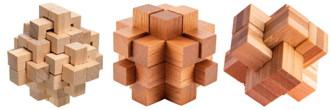 Three wooden burr puzzles with interlocking pieces, isolated on a white background